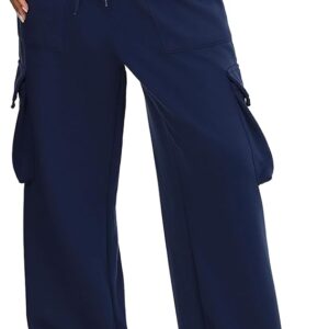 Quenteen Cargo Sweatpants for Women Fleece Straight Wide Leg Sweat Baggy Joggers Pants with Pockets